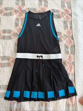 adidas Black Tennis Dress with Blue Trim and White Waistband